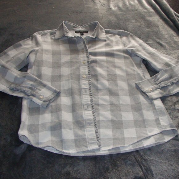 BANANA REPUBLIC Gray & White BUFFALO Plaid RUFFLE Trim FLANNEL Top Sz SMALL - Picture 2 of 6